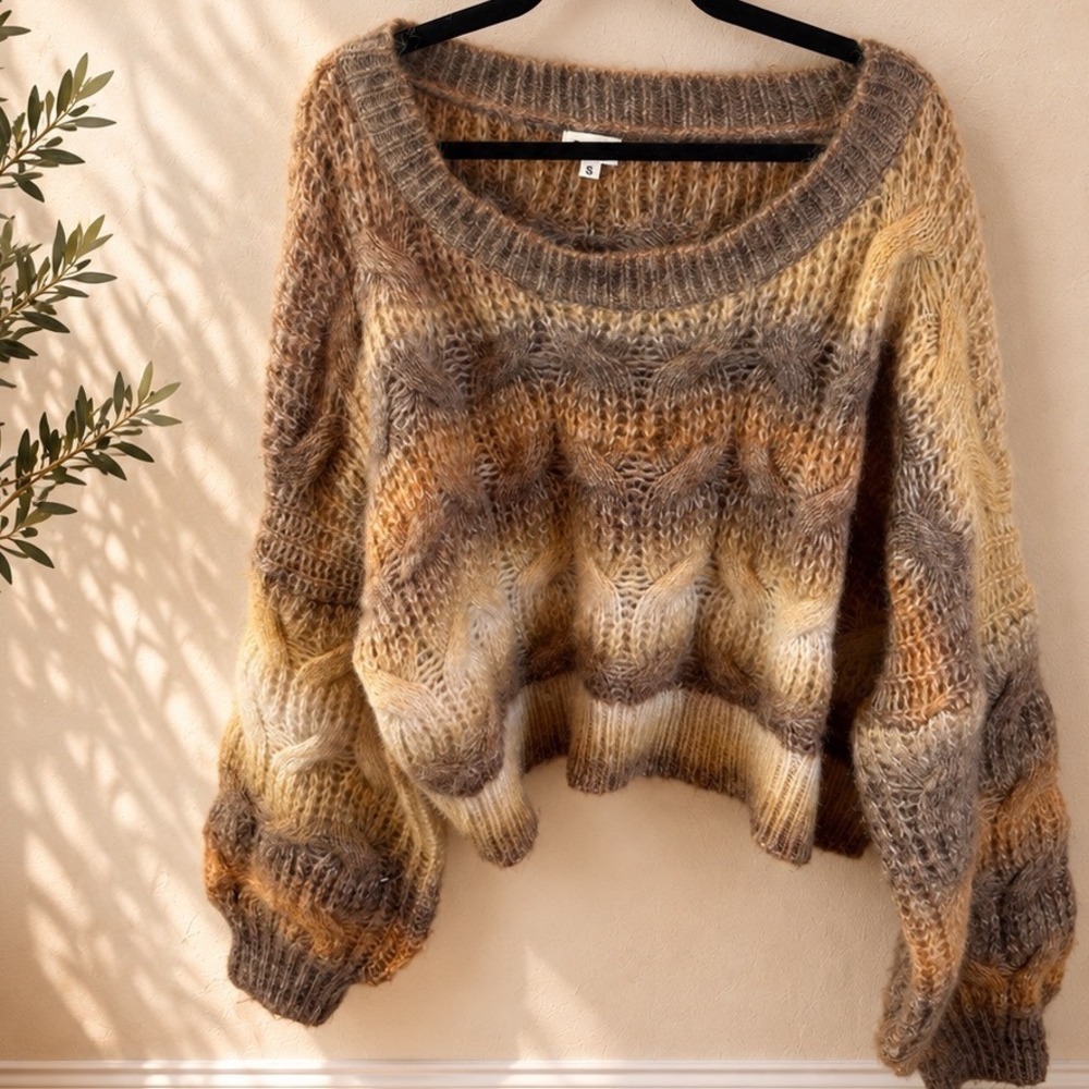 POL Ombre Cable Knit Sweater Earth Tone Cropped Balloon Sleeve Small oversized